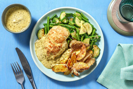 Poulet en sauce crémeuse au pesto et pommes de terre gratinées