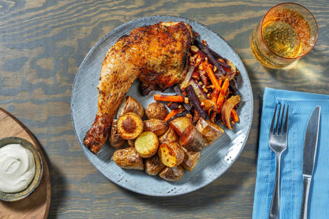 Pouletschenkel mit Harissa-Honig-Rüebli