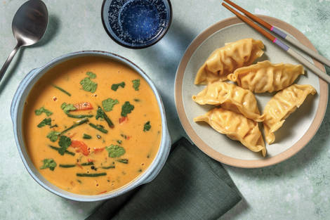 Quick Asian Coconut Soup & Veggie Gyoza