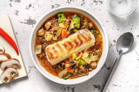 Mihoen noedelsoep met gebakken heekfilet
