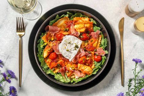 Antipasto pasta met coburgerham en burrata