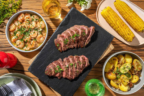 Repas de steaks grillés terre et mer