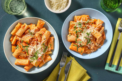 Rigatoni fondants et émincé végétarien
