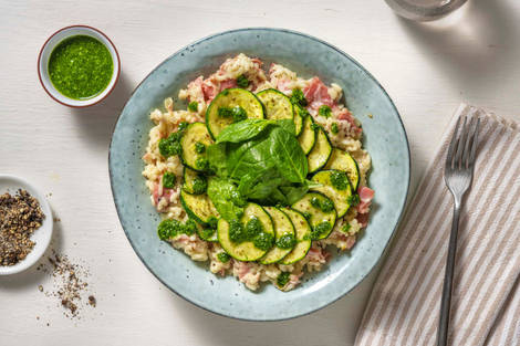 Risotto au jambon et au pesto d’épinards