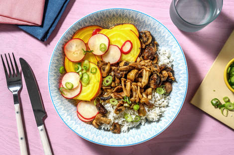 Riz au sésame et champignons laqués