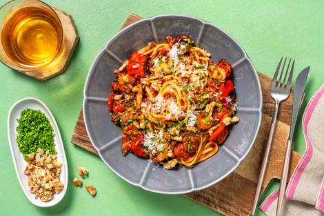 Roasted Pepper, Mushroom and Chorizo Linguine