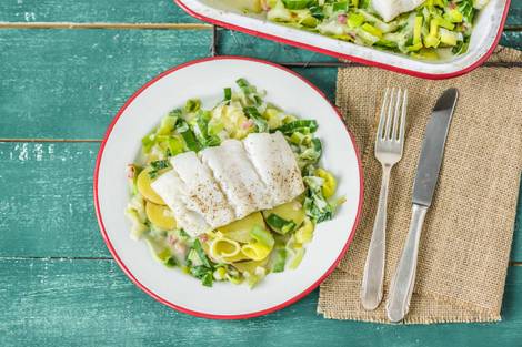 Pommes de terre crémeuses, cabillaud et lardons