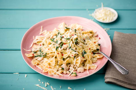 Romige farfalle met gekruid kipgehakt