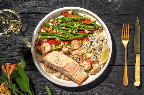 Saumon et crevettes au pesto crémeux