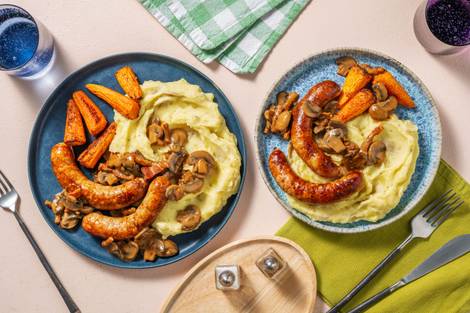 Sausages in Bacon & Mushroom Sauce