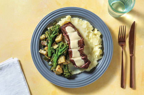 Seared Steak & Béarnaise with Mash & Mustardy Greens