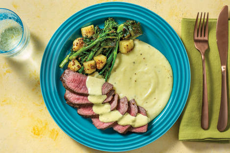 Seared Steak & Béarnaise with Mash & Mustardy Greens