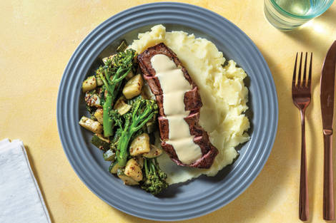 Seared Steak & Béarnaise with Mash & Mustardy Greens