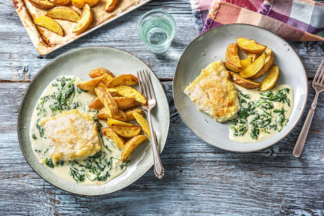 Seehecht in Spinat-Sahne-Soße aus dem Ofen