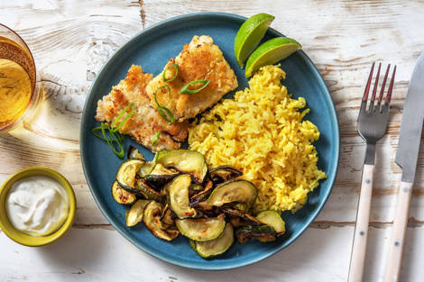 Seelachs in Kokos-Panko mit Curryreis