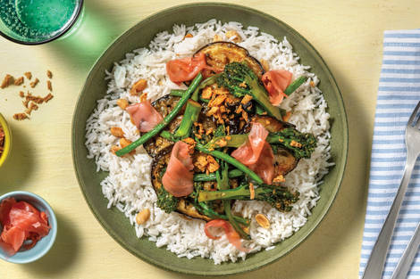 Sesame Eggplant & Soy-Mushroom Sauce