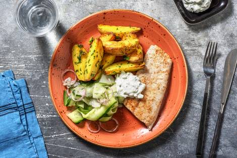 Souflaki-Seehecht mit Zitronenkartoffeln