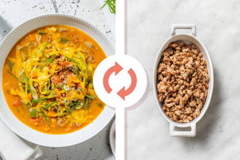 Soupe style burger de porc au fromage