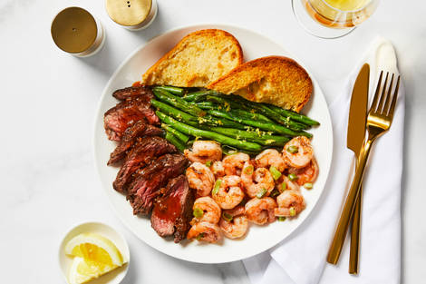 Steak au Poivre & Garlic Herb Shrimp