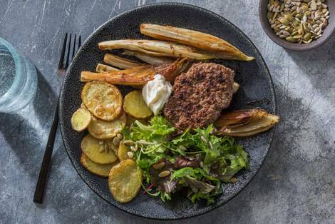 Duitse biefstuk met gekaramelliseerd witloof