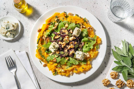 NL: Pompoen-aardappelstamppot met blauwe kaas // // BE: Pompoen-aardappelstoemp met blauwe kaas