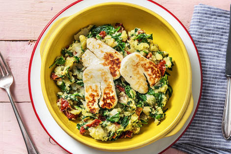 Spinaziestamppot met aardpeer en halloumi