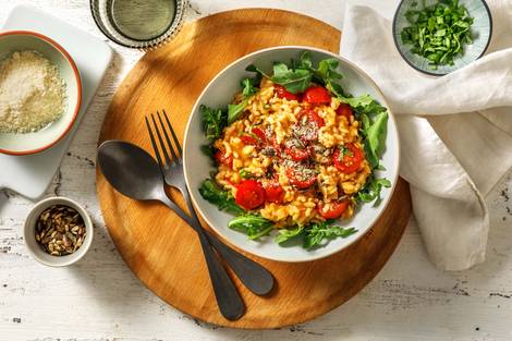 Risotto à la tomate, au lait de coco et basilic