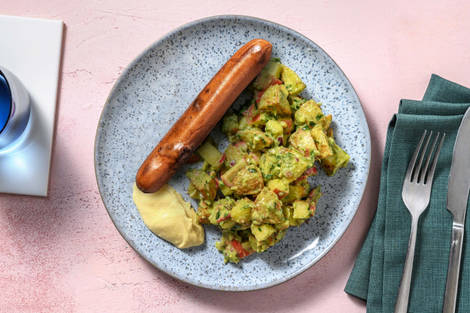 Vegane Bratwurst mit lauwarmem Kartoffelsalat