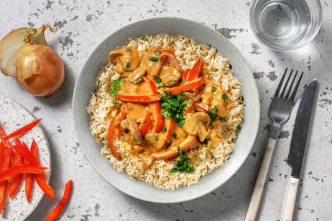Vegetarische stroganoff met rijst