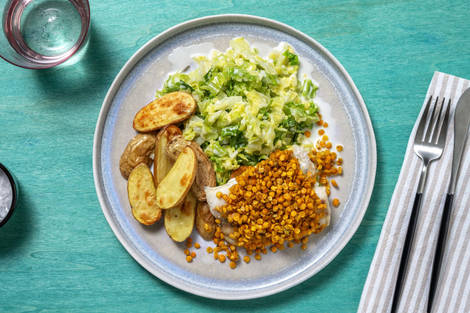 Zartes Fischfilet unter Curry-Linsenhaube