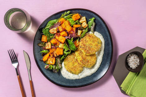 Zucchetti-Polenta-Puffer mit Kräuterdip