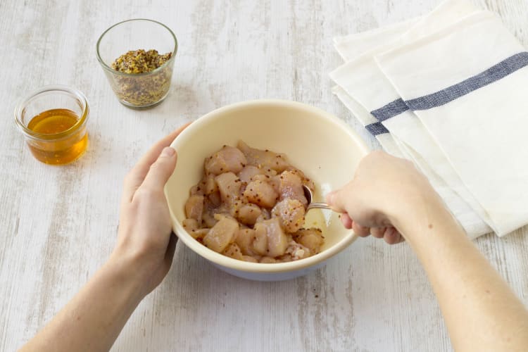 Chop the chicken and coat it with the sauce