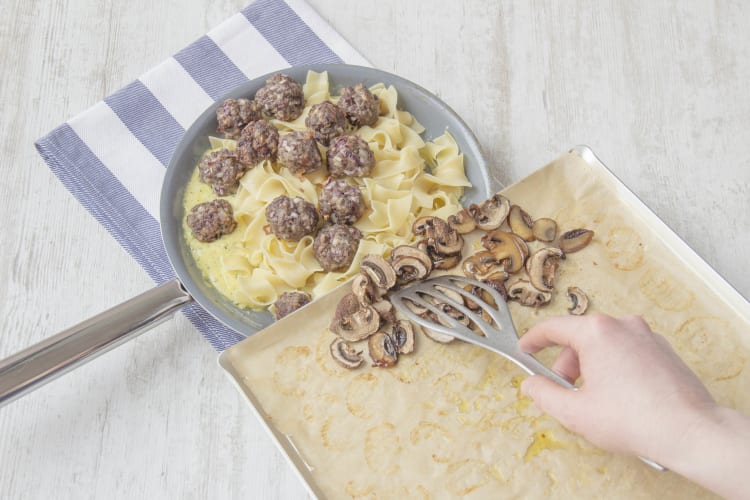 Combine pasta, meatballs and mushrooms