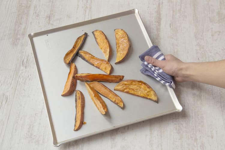 Cook the sweet potatoes until crispy at the edges