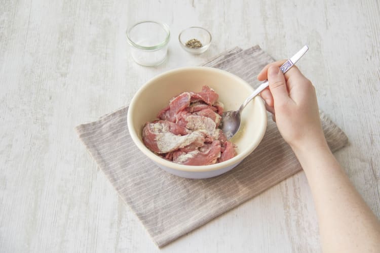 Mix your beef strips in a bowl
