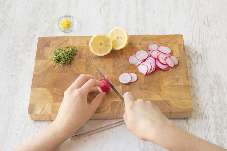 Prep radishes, lemon, scallions