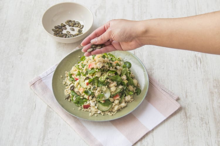 Lentesalade met couscous, appel, geitenkaas en pompoenpitten Recept