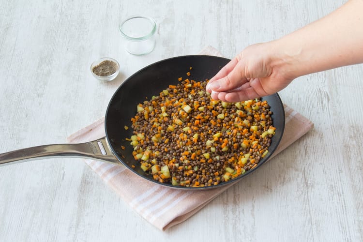 Add your lentils to the pan with some salt and pepper