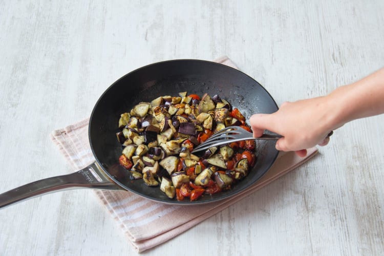 Cook your aubergine and tomatoes