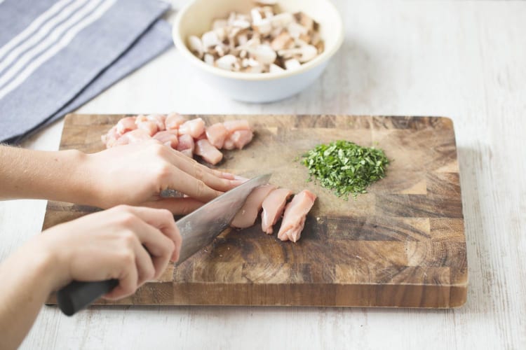 Chop mushrooms, coriander and chicken
