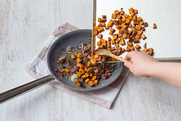 Toss roasted sweet potatoes