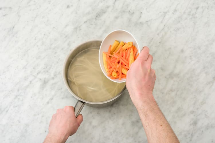 Cook the soba noodles, corn and carrot