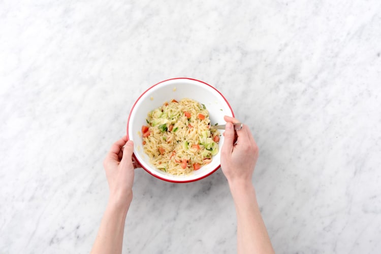 Toss the orzo salad