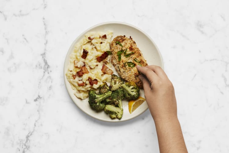 Crispy Lemon Basil Chicken with Loaded Bacon Mashed Potatoes and Broccoli