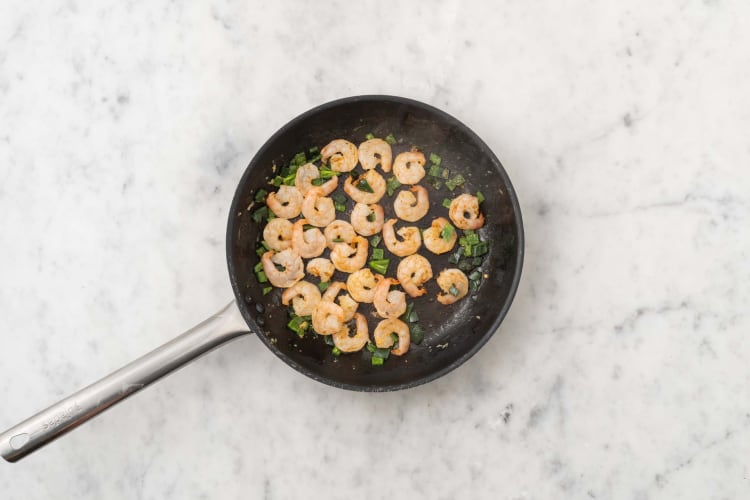 Cook shrimp and poblanos