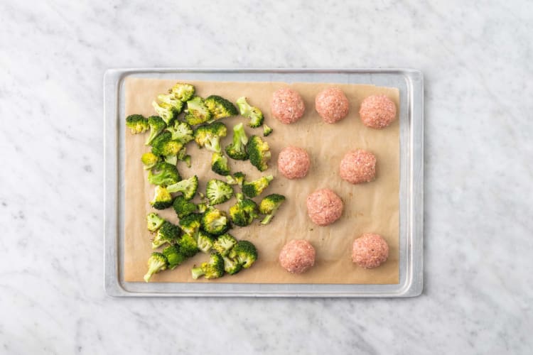 Bake meatballs and broccoli