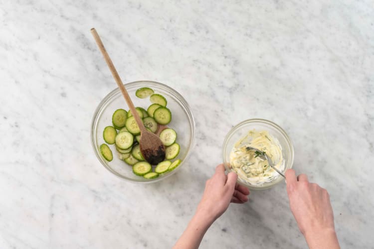 Marinate cucumbers and make basil mayo