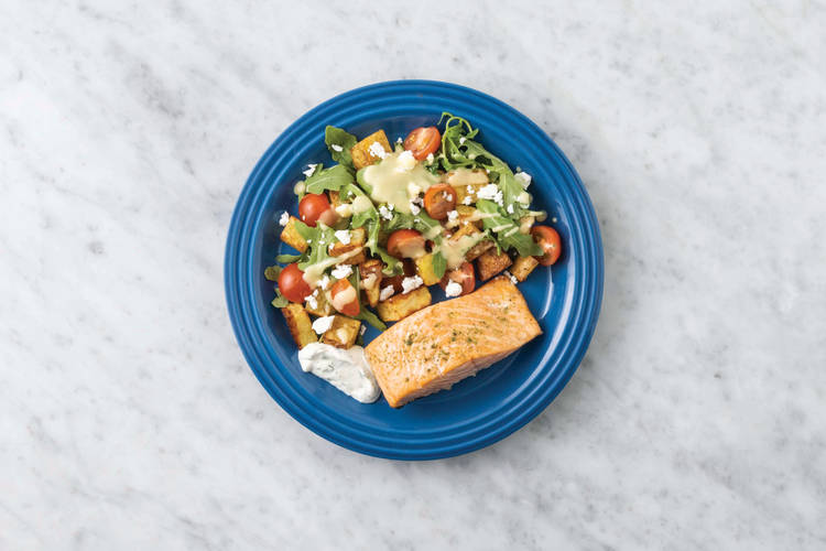 Baked Salmon & Roast PotatoFetta Salad with Cherry Tomatoes & Dill