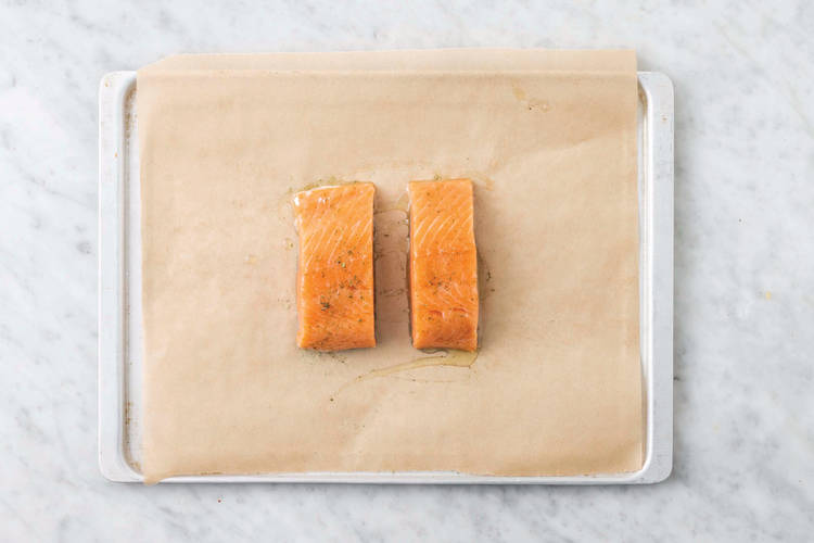 Baked Salmon & Roast PotatoFetta Salad with Cherry Tomatoes & Dill
