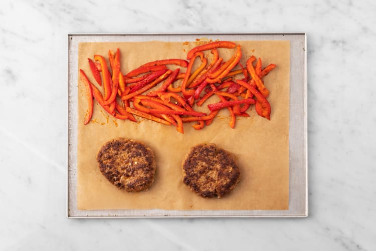 Cook patties and peppers